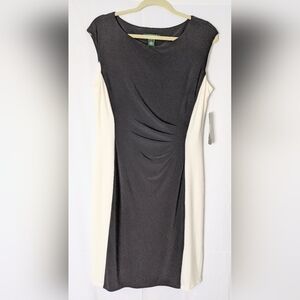 Lauren Ralph Lauren Women's Cocktail Dress Black & White Draped Waist Sz 14 NWT